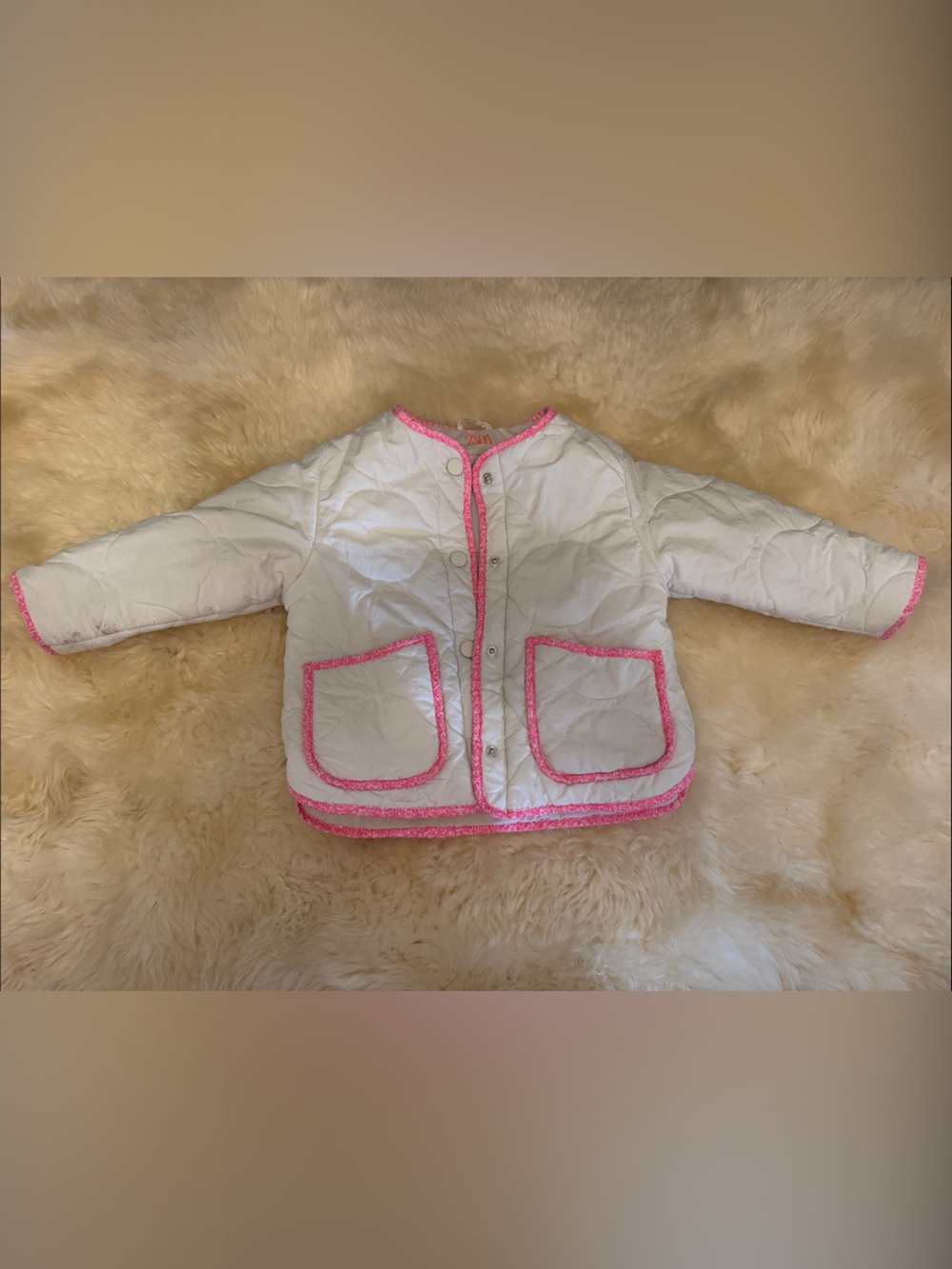 Zara White Quilted Jacket with Pink Trim - Kids